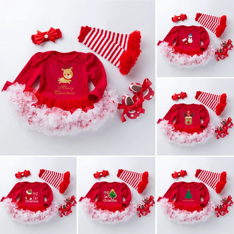 Reborn Doll Christmas Dress 4-Piece Set Baby Doll Red Romper Mesh Skirt with Headband and Tights Available
