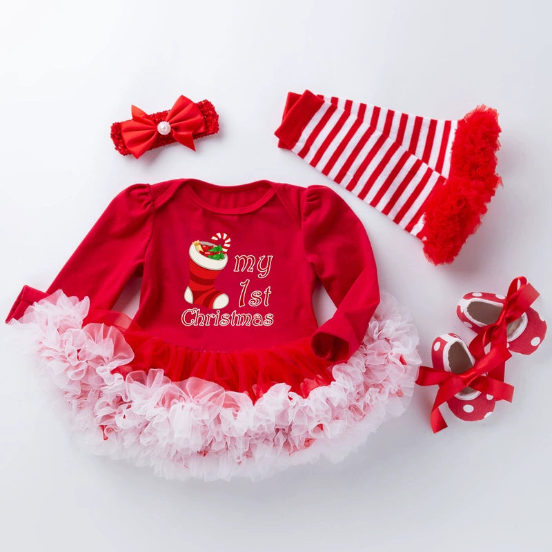 Reborn Doll Christmas Dress 4-Piece Set Baby Doll Red Romper Mesh Skirt with Headband and Tights Available