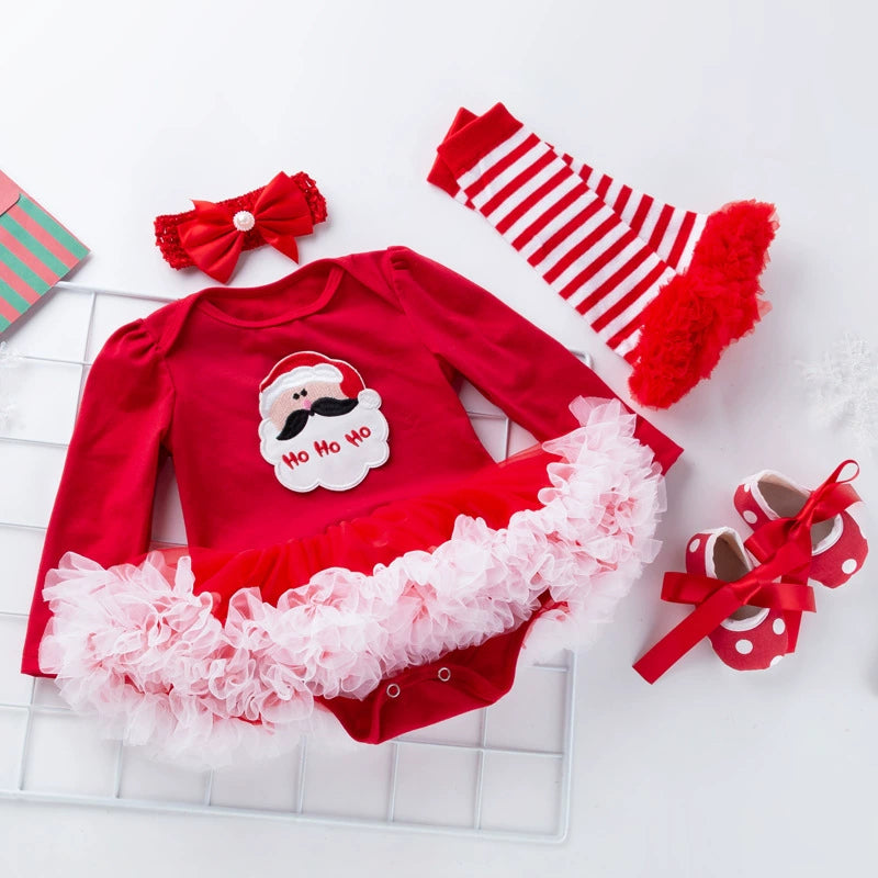 Reborn Doll Christmas Dress 4-Piece Set Baby Doll Red Romper Mesh Skirt with Headband and Tights Available