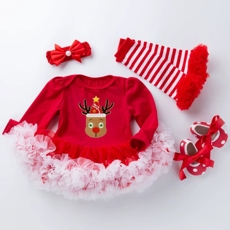 Reborn Doll Christmas Dress 4-Piece Set Baby Doll Red Romper Mesh Skirt with Headband and Tights Available