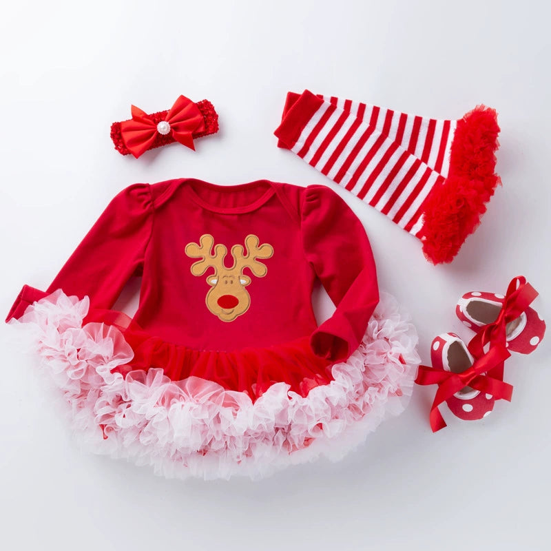 Reborn Doll Christmas Dress 4-Piece Set Baby Doll Red Romper Mesh Skirt with Headband and Tights Available