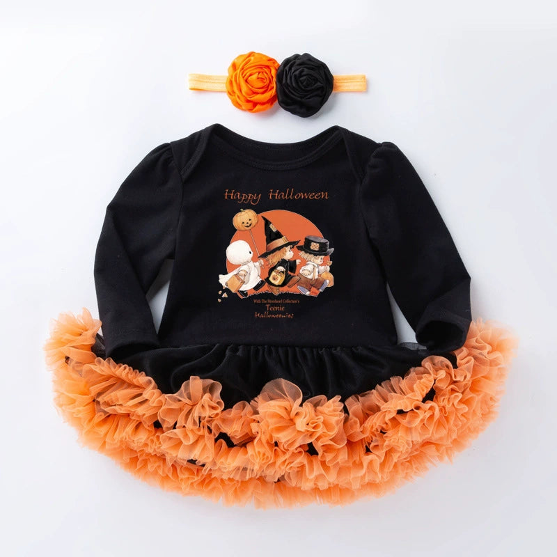 0-2 Years Old Rebornbaby Halloween Party Costume, Long-Sleeved Princess Dress, Orange and Black Set