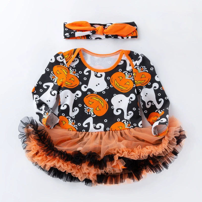 0-2 Years Old Rebornbaby Halloween Party Costume, Long-Sleeved Princess Dress, Orange and Black Set