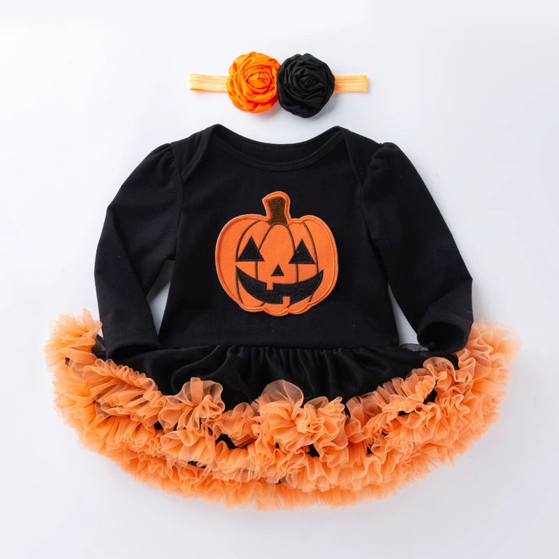 0-2 Years Old Rebornbaby Halloween Party Costume, Long-Sleeved Princess Dress, Orange and Black Set