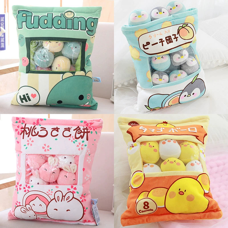 Magic Snack Pack Pillow - Unzip to Reveal 3 Plush Toys (Pudding, Cat, Pig) Inside, Surprise Gift