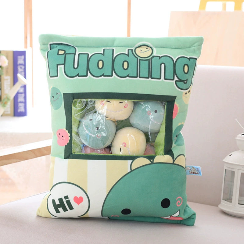Magic Snack Pack Pillow - Unzip to Reveal 3 Plush Toys (Pudding, Cat, Pig) Inside, Surprise Gift
