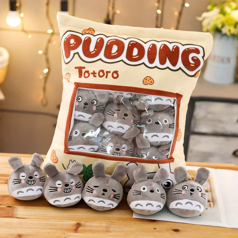 Magic Snack Pack Pillow - Unzip to Reveal 3 Plush Toys (Pudding, Cat, Pig) Inside, Surprise Gift