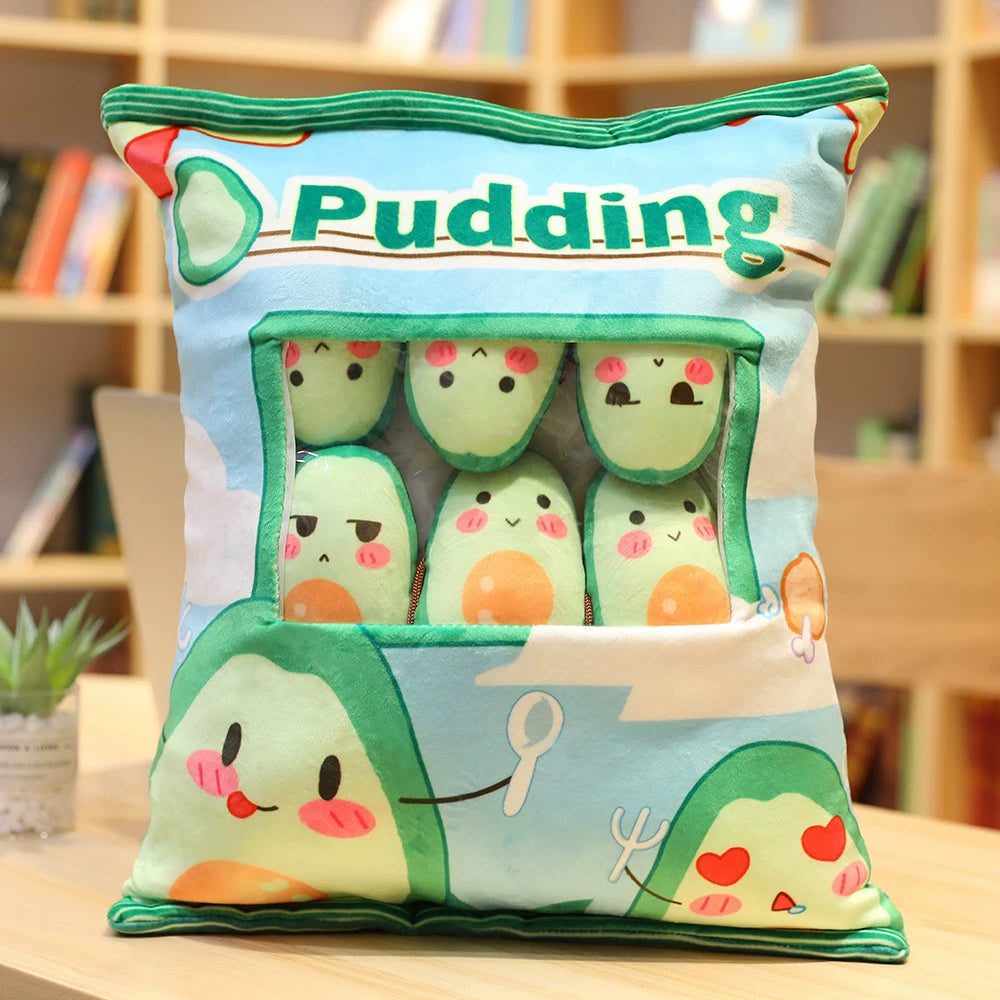 Magic Snack Pack Pillow - Unzip to Reveal 3 Plush Toys (Pudding, Cat, Pig) Inside, Surprise Gift
