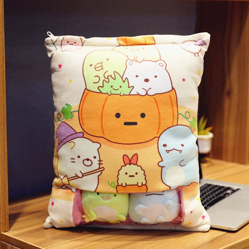 Magic Snack Pack Pillow - Unzip to Reveal 3 Plush Toys (Pudding, Cat, Pig) Inside, Surprise Gift