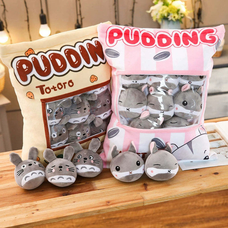 Magic Snack Pack Pillow - Unzip to Reveal 3 Plush Toys (Pudding, Cat, Pig) Inside, Surprise Gift