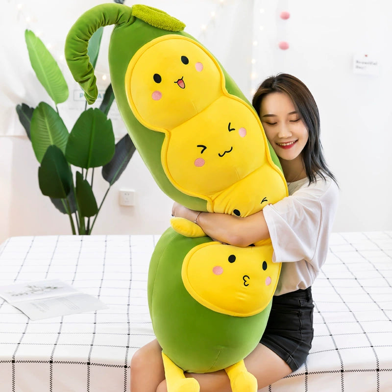 Cozy Pea Pod Plush Toy - Super Soft Huggable Pod with Smiling Peas Inside, Cute Comfort Pillow