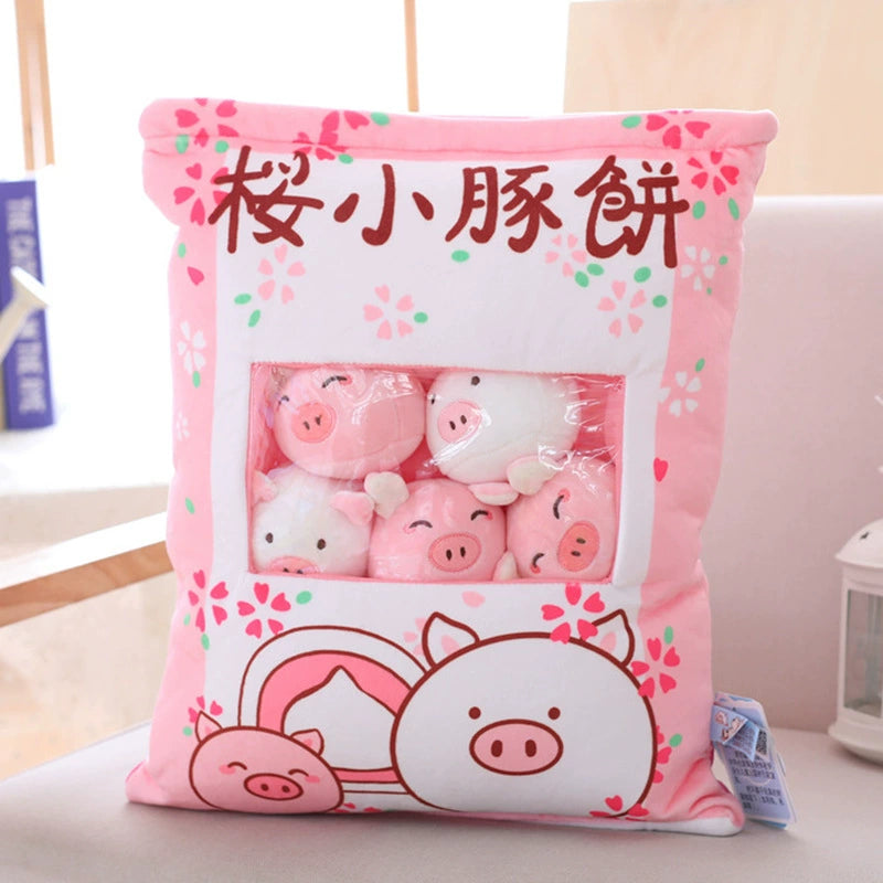Magic Snack Pack Pillow - Unzip to Reveal 3 Plush Toys (Pudding, Cat, Pig) Inside, Surprise Gift