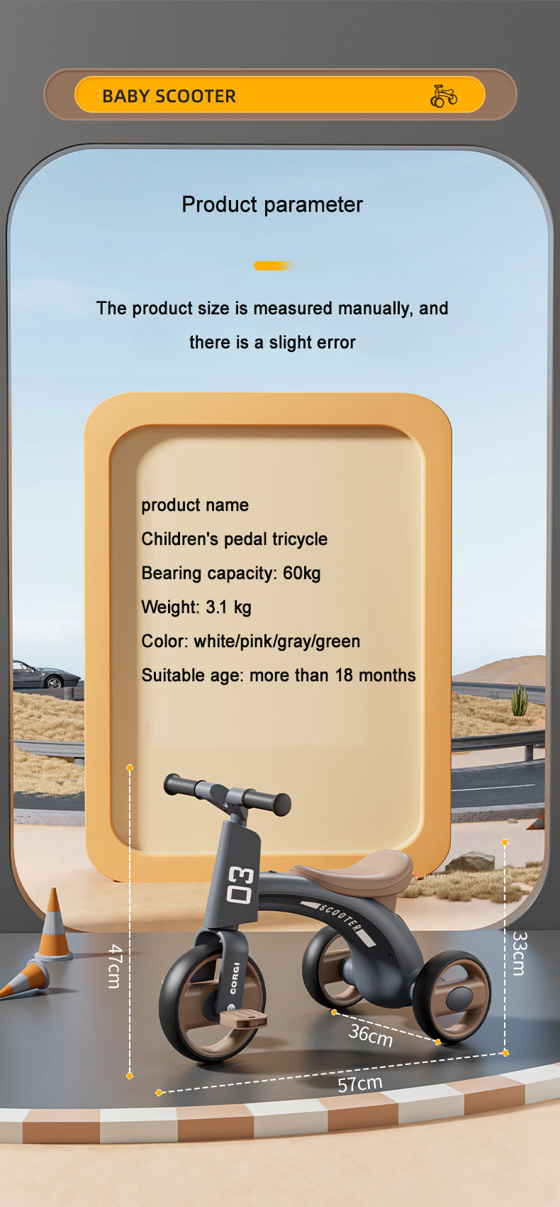 Foldable Ride on Pedal Baby Kids Tricycle Child 3 Wheel With Lights