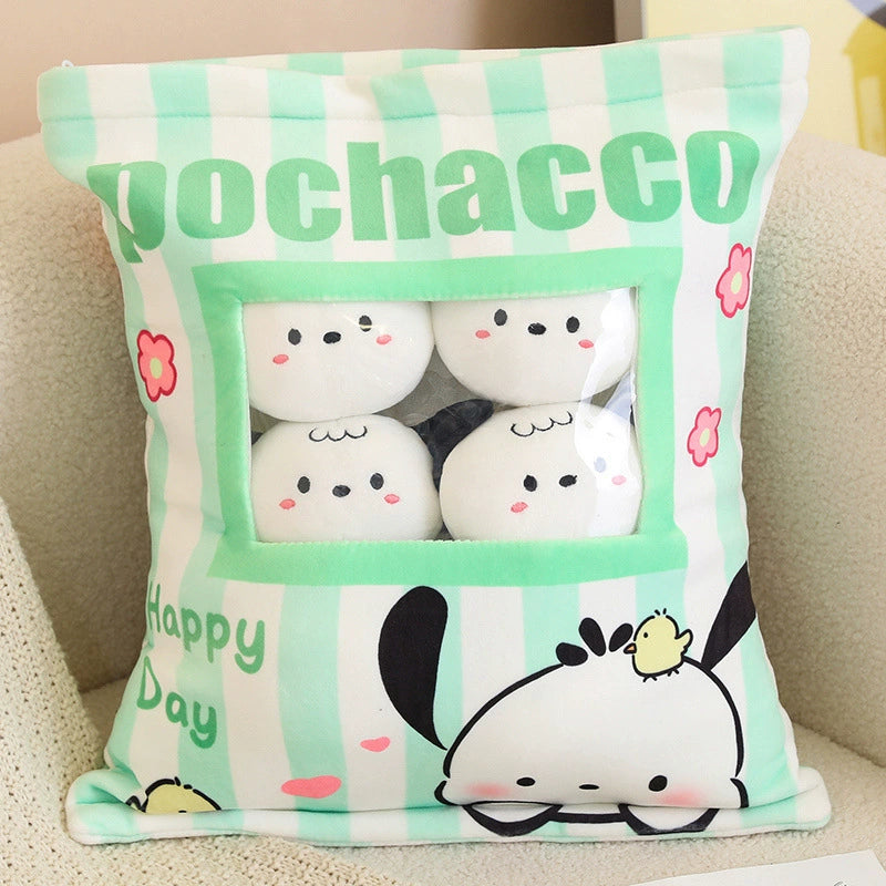 Magic Snack Pack Pillow - Unzip to Reveal 3 Plush Toys (Pudding, Cat, Pig) Inside, Surprise Gift