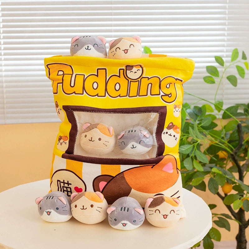 Magic Snack Pack Pillow - Unzip to Reveal 3 Plush Toys (Pudding, Cat, Pig) Inside, Surprise Gift