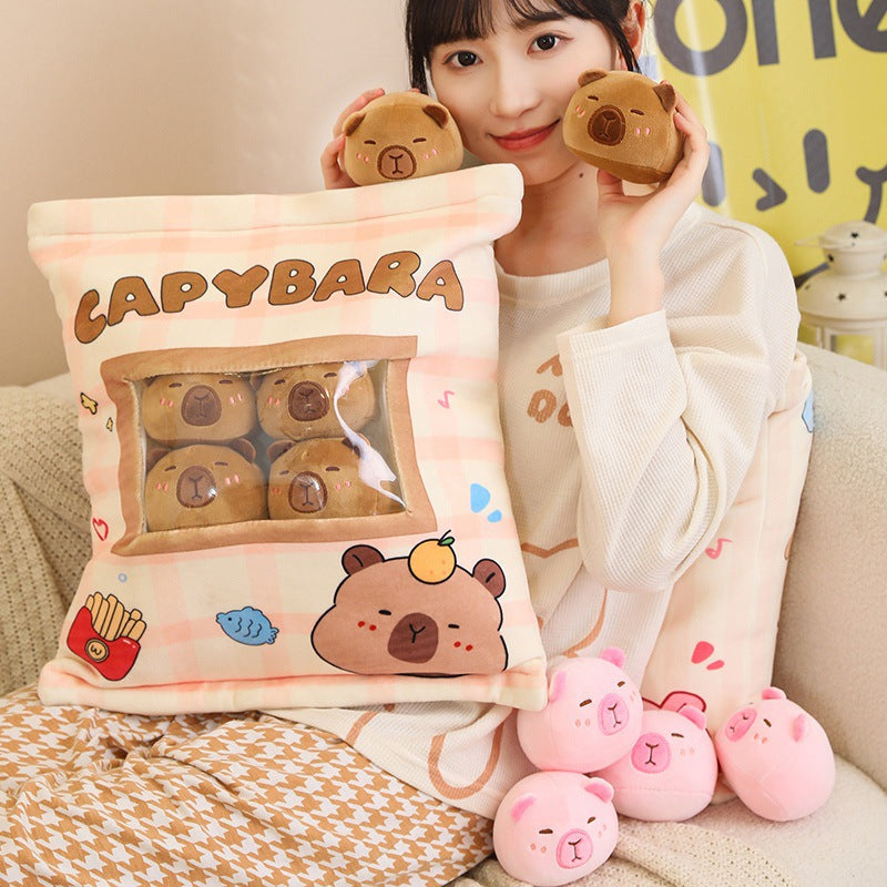 Magic Snack Pack Pillow - Unzip to Reveal 3 Plush Toys (Pudding, Cat, Pig) Inside, Surprise Gift