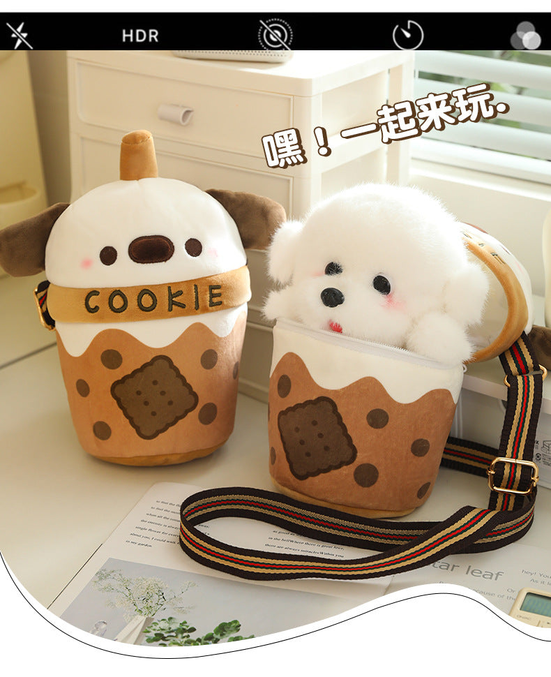 [Milk Tea Dog Shoulder Bag] 25cm Cute Pomeranian Plush Toy Girly Doll Crossbody Bag Creative Christmas and New Year Gift