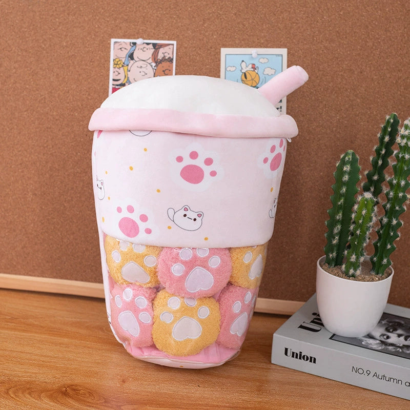 2-in-1 Boba Tea Pillow with Removable Plush Toppings, Creative Huggable Cup & Cuddle Toys