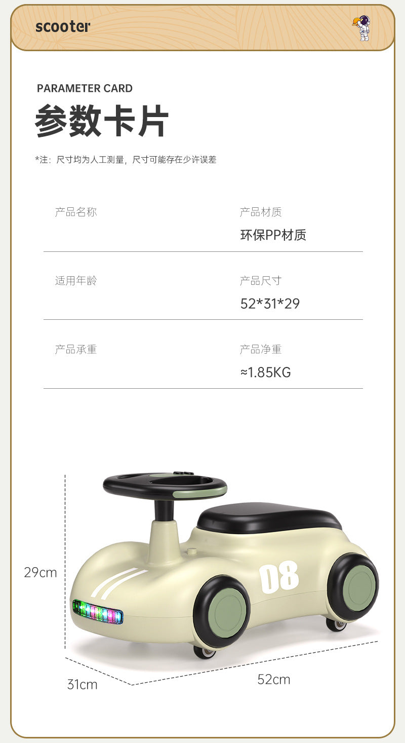 Music and Lights Sliding Car, Baby Scooter Toy Car, 1-3 Years Old, Quiet Universal Wheel, Indoor Use, Eco-Friendly PP Material, Car Shape, Great Birthday Gift for Boys and Girls