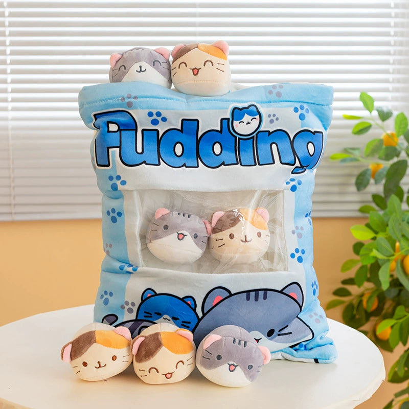 Magic Snack Pack Pillow - Unzip to Reveal 3 Plush Toys (Pudding, Cat, Pig) Inside, Surprise Gift