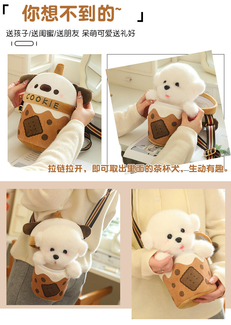 [Milk Tea Dog Shoulder Bag] 25cm Cute Pomeranian Plush Toy Girly Doll Crossbody Bag Creative Christmas and New Year Gift