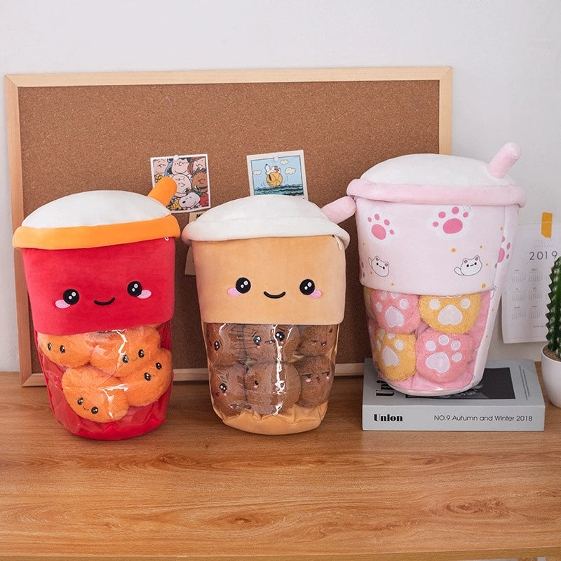 2-in-1 Boba Tea Pillow with Removable Plush Toppings, Creative Huggable Cup & Cuddle Toys
