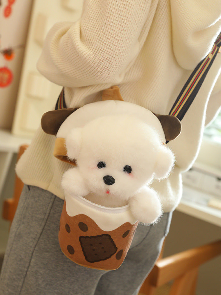 [Milk Tea Dog Shoulder Bag] 25cm Cute Pomeranian Plush Toy Girly Doll Crossbody Bag Creative Christmas and New Year Gift