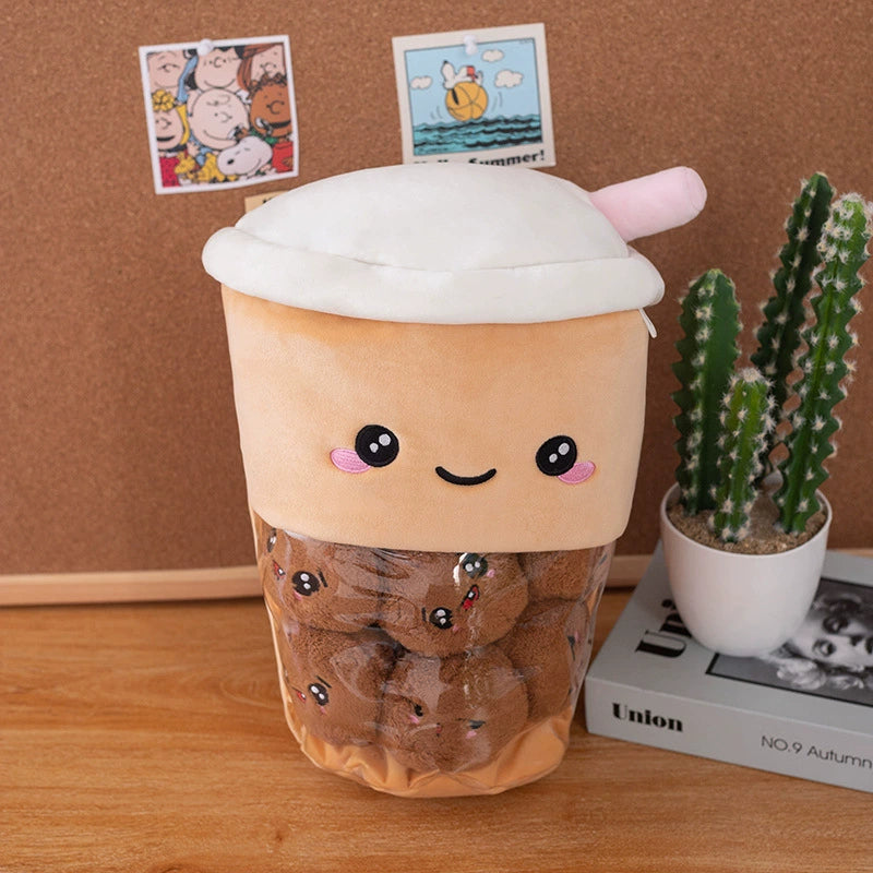 2-in-1 Boba Tea Pillow with Removable Plush Toppings, Creative Huggable Cup & Cuddle Toys