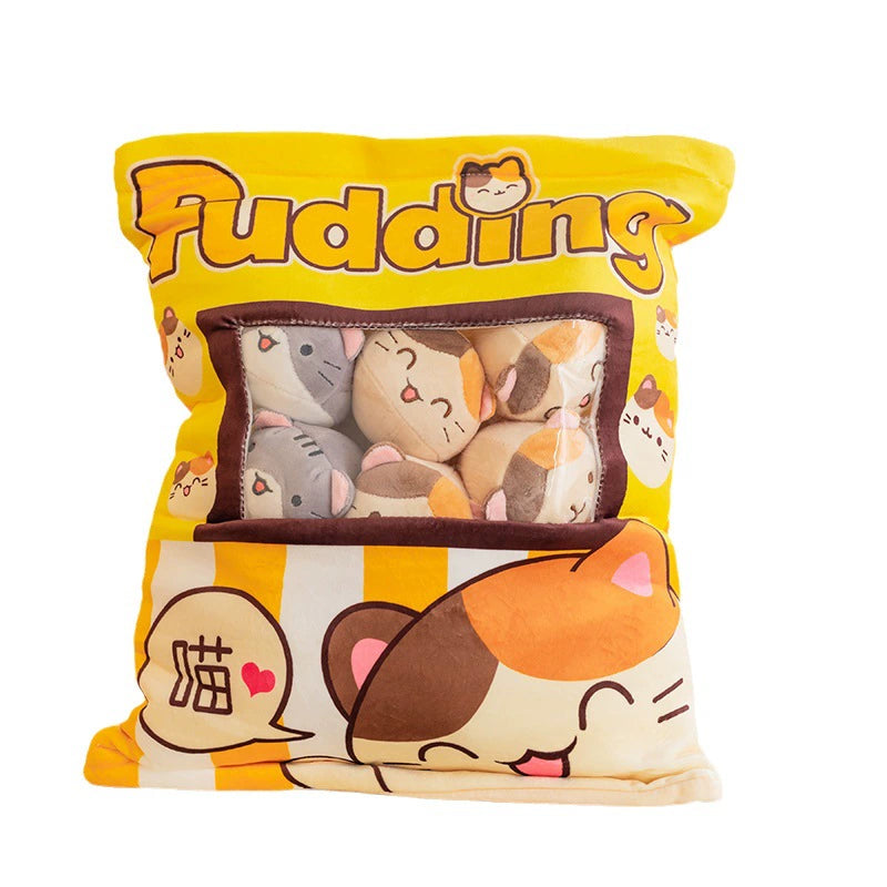 Magic Snack Pack Pillow - Unzip to Reveal 3 Plush Toys (Pudding, Cat, Pig) Inside, Surprise Gift