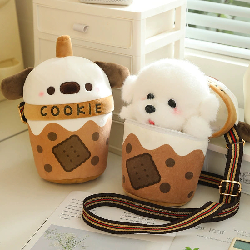 [Milk Tea Dog Shoulder Bag] 25cm Cute Pomeranian Plush Toy Girly Doll Crossbody Bag Creative Christmas and New Year Gift
